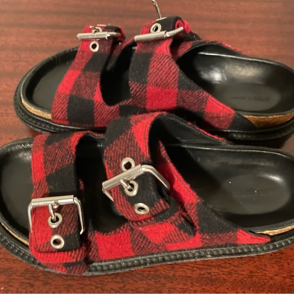 Isabel Marant Ledkin Plaid Red Wool Leather Slides - Picture 4 of 7